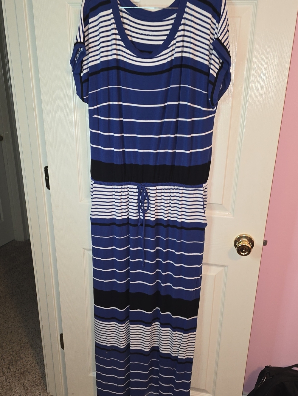 Ava & Viv Blue and White Striped Short-Sleeve Maxi Dress